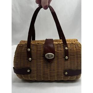 VTG Hong Kong WOVEN BROWN Wicker LEATHER BASKET HANDBAG PURSE Cottage Granny